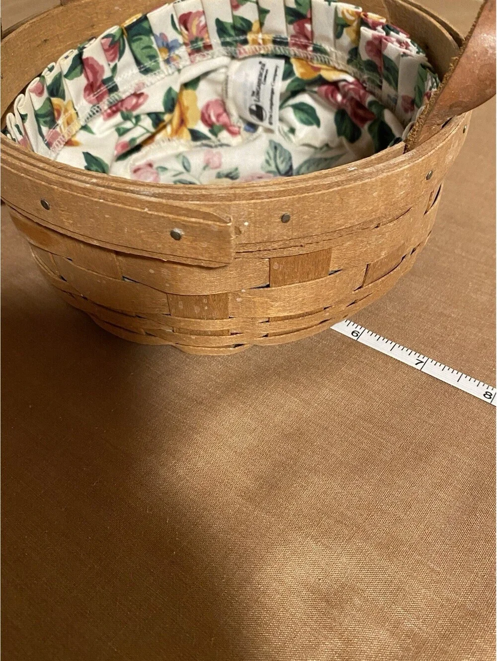 Vintage Longaberger 1988 Round Basket Floral Liner Roses W/Leather Handles